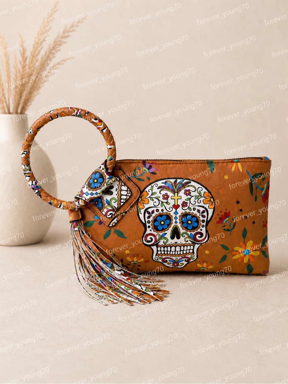 Boho Sugar Skull Wristlet Clutch